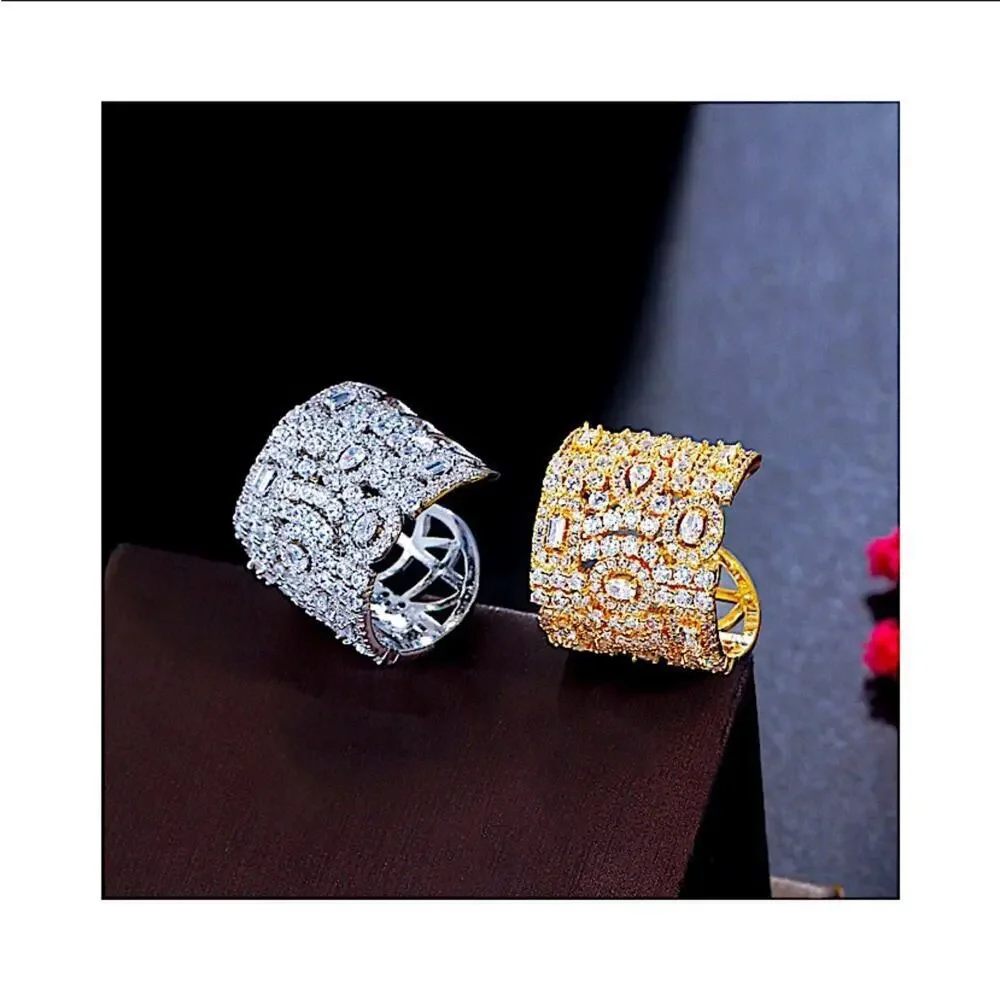 White Gold Plated Zircon Ring, Adjustable, Wide Band, Statement Jewelry